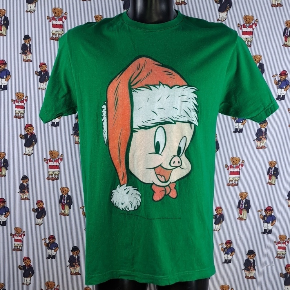 Warner Bros Porky Pig Santa Christmas holiday graphic XL green & red t-shirt